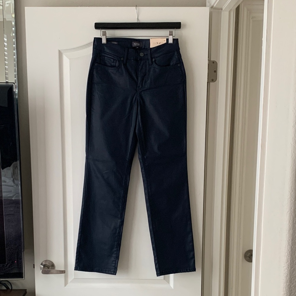 NYDJ Marilyn Straight Leg Starless Sky Coated Jeans ~Navy~ Size 4P Inseam 30”